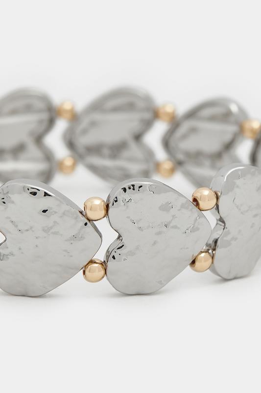 Silver Tone Textured Heart Stretch Bracelet | Yours Clothing 2