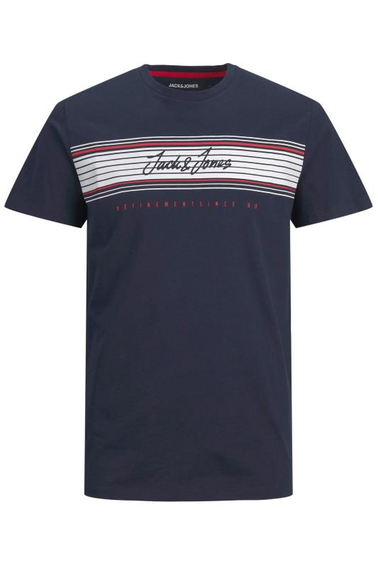 JACK & JONES Big & Tall Navy Blue Stripe Logo T-Shirt_F.jpg