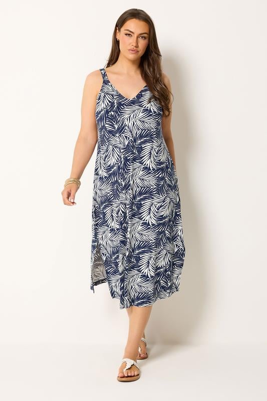 YOURS Plus Size Navy Blue Palm Leaf Throw On Dress | Yours Clothing 1