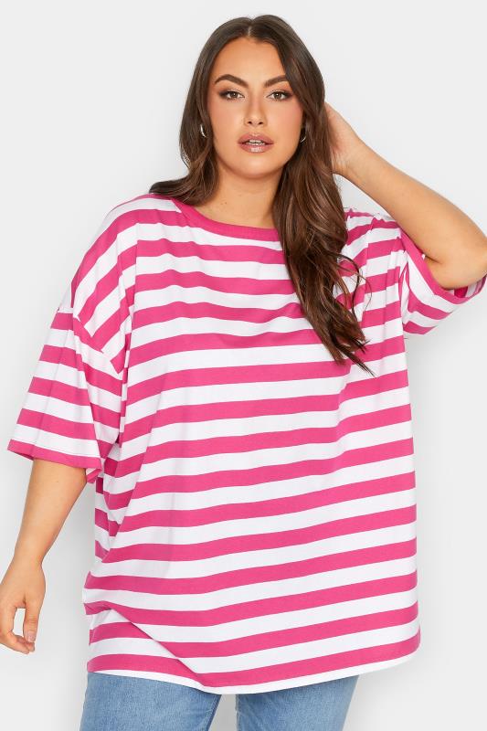YOURS Plus Size Pink & White Stripe Oversized Boxy T-Shirt | Yours Clothing 1