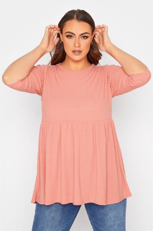 LIMITED COLLECTION Plus Size Coral Pink Ribbed Smock Top | Yours Clothing 1