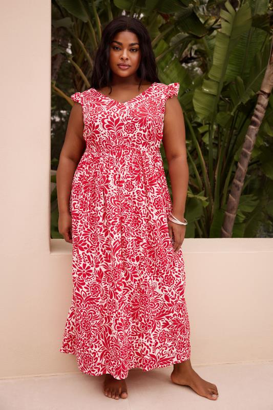 Plus Size  YOURS Curve Red Paisley Print Frill Sleeve Maxi Dress