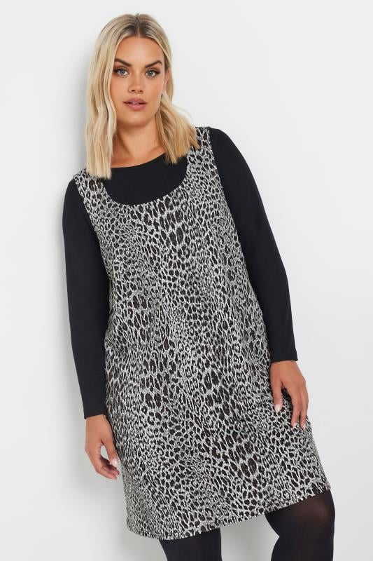 Plus Size  YOURS Curve Grey Leopard Print Pinafore Dress