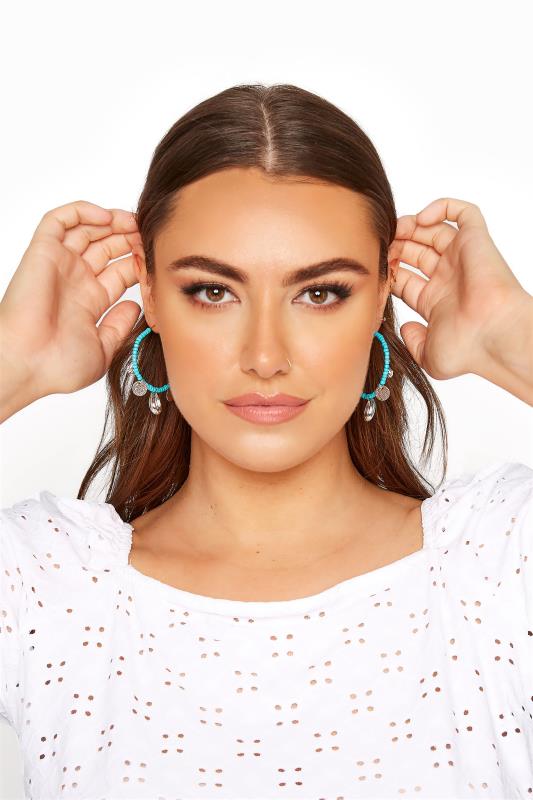 Plus Size  Turquoise Bead Silver Shell Charm Hoop Earrings