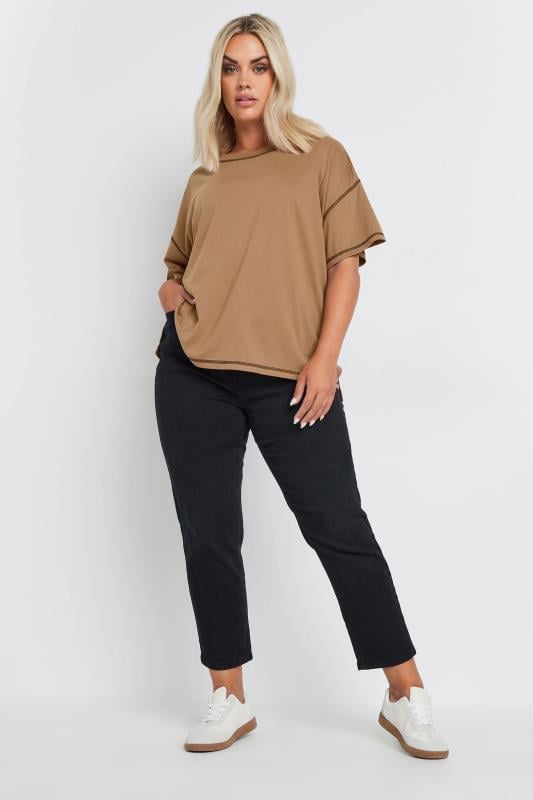 YOURS Plus Size Beige Brown Contrast Stitch T-Shirt | Yours Clothing 2