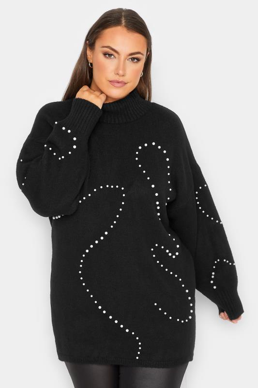 YOURS LUXURY Plus Size Black Pearl Embellished Batwing Jumper | Yours Clothing 1
