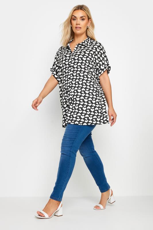 YOURS Plus Size Black Heart Print Button Front Shirt | Yours Clothing 2
