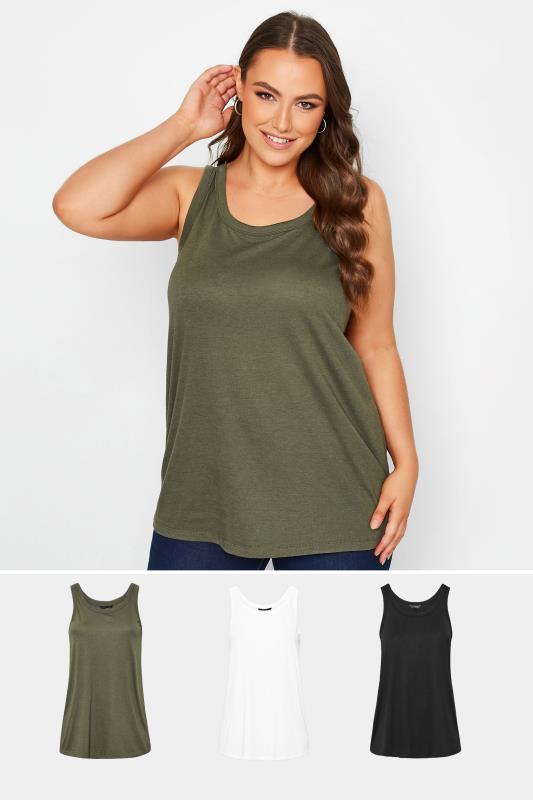  3 PACK Curve Black & Khaki Green Vest Tops | Yours Clothing  1