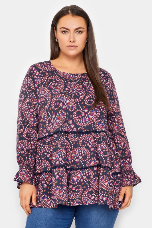 Plus Size  Avenue Navy Blue Paisley Print Tiered Top