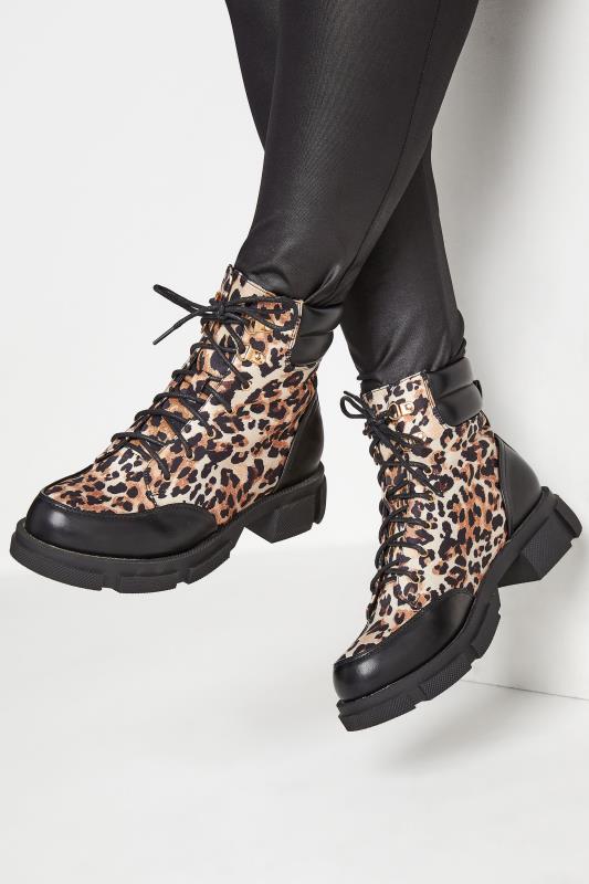 LIMITED COLLECTION Black Leopard Faux Leather Lace Up Boots In Wide Fit | Yours Clothing 1