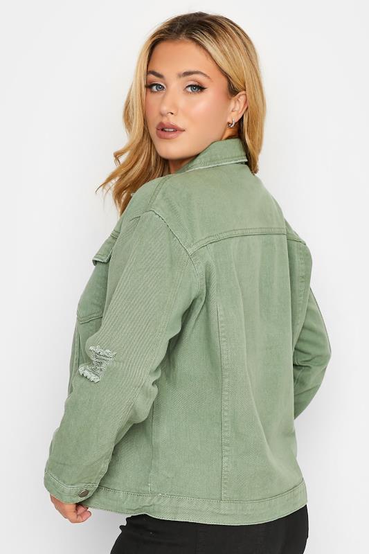 Plus Size Khaki Green Distressed Western Denim Jacket | Yours Clothing 3