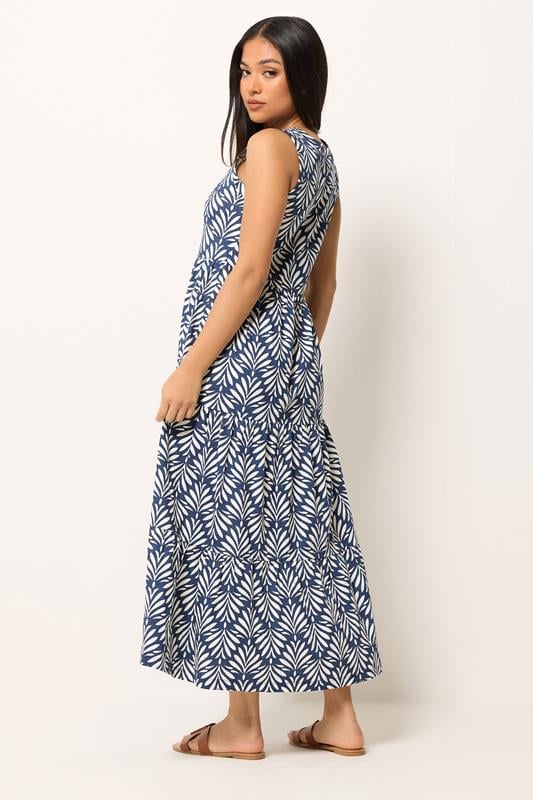 M&Co Petite Navy Blue Leaf Print Tiered Cotton Maxi Dress | M&Co 2