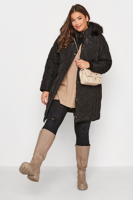 Curve Black Diamond Quilted Midi Puffer Coat | Yours Clothing 2