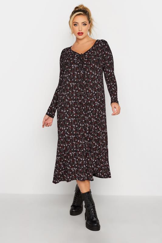 LIMITED COLLECTION Plus Size Black Ditsy Print Keyhole Tie Neck Midaxi Dress | Yours Clothing 2