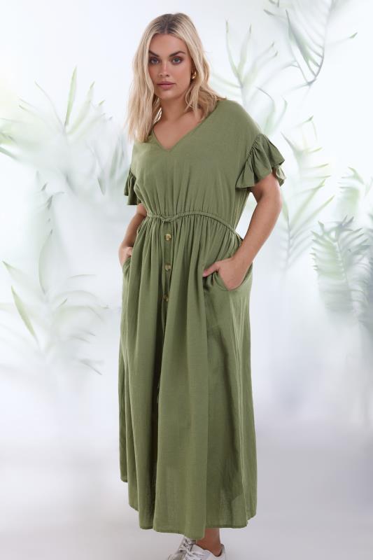 Plus Size  YOURS Curve Khaki Green Linen Maxi Dress