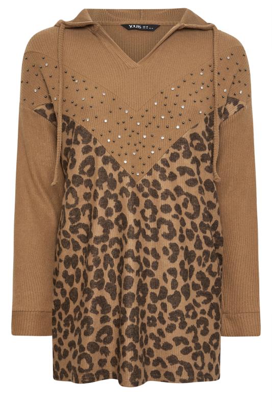 YOURS Curve Brown Leopard Print Embellished Hoodie | Yours Clothing 5