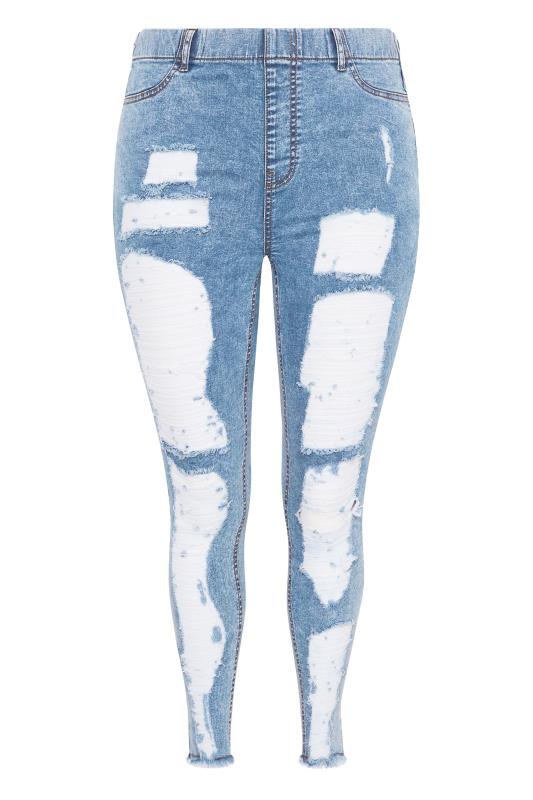 Plus Size Washed Blue Frayed Ripped GRACE Jeggings | Yours Clothing 3