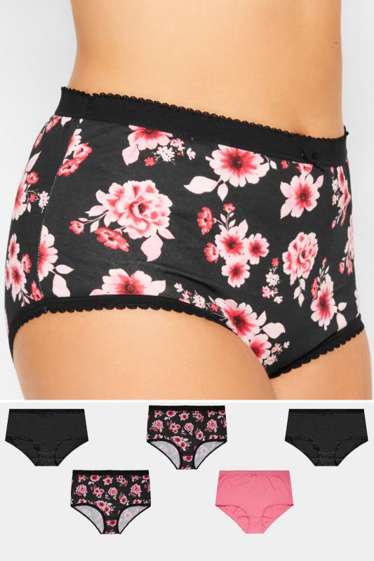 5 PACK Curve Black & Pink Floral Full Briefs | Yours Clothing 1