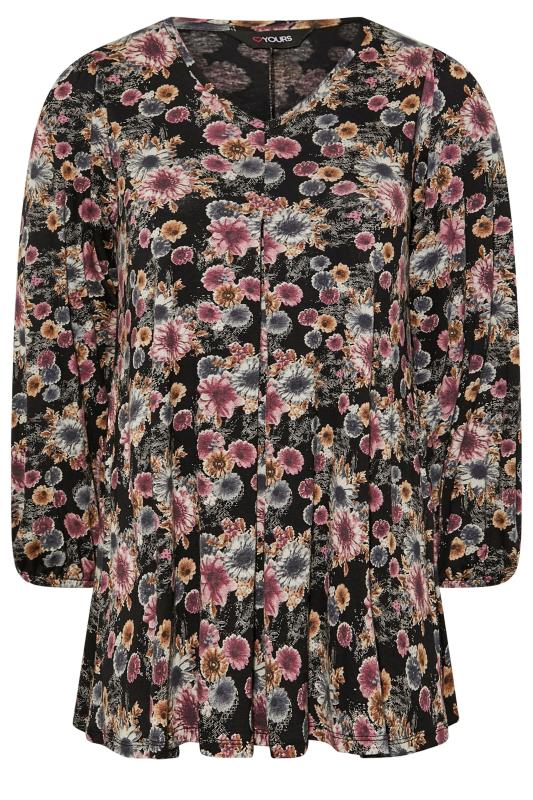 Curve Black & Pink Long Sleeve Floral Pleated Top | Yours Clothing 6