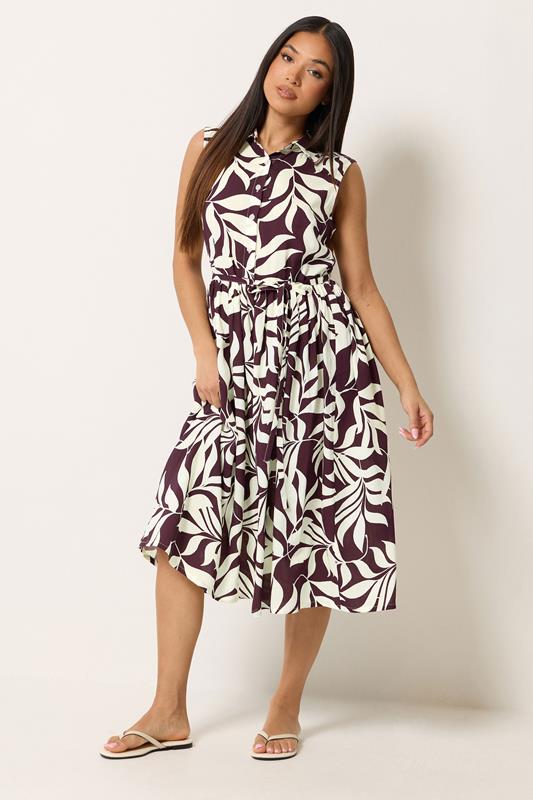 M&Co Petite Berry Purple Leaf Printed Sleeveless Midi Dress | M&Co 1