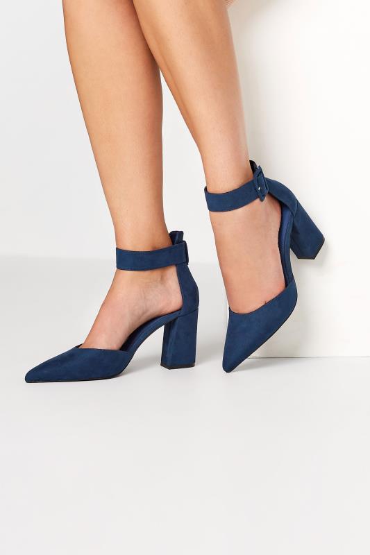 LTS Blue Pointed Block Heel Court Shoes In Standard D Fit | Long Tall Sally 1