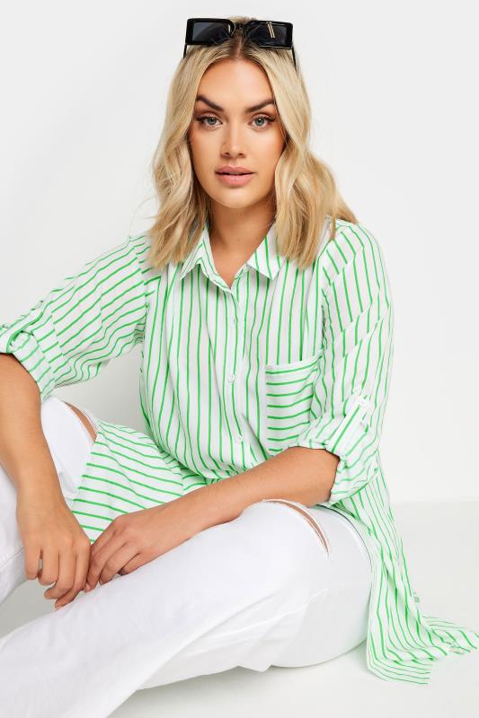 YOURS Plus Size Green & White Stripe Print Boyfriend Shirt | Yours Clothing 5