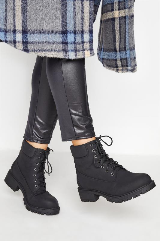 Black Chunky Lace Up Boots In Wide EE Fit & Extra Wide EEE Fit | Yours Clothing 1