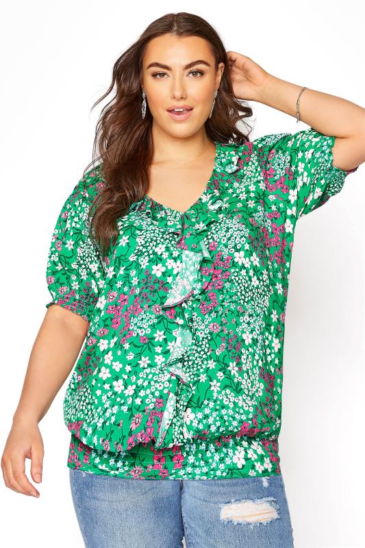 YOURS LONDON Green Floral Shirred Frill Top_A.jpg