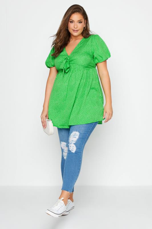 Plus Size Green Spot Print Tie Front Tunic Top | Yours Clothing 2
