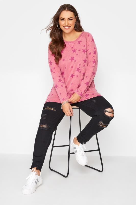 Plus Size Pink Star Print Raglan Top | Yours Clothing 2