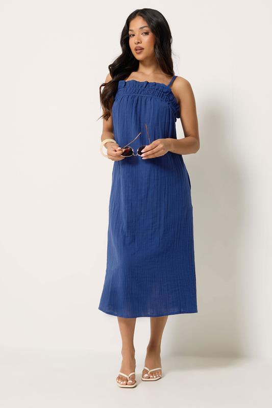 PixieGirl Petite Women's Navy Blue Cotton Cheesecloth Maxi Dress | PixieGirl 1