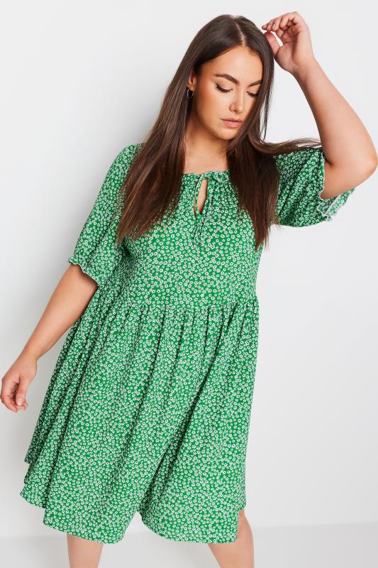  YOURS Curve Green Ditsy Floral Print Textured Smock Dress