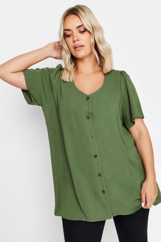  Grande Taille YOURS Curve Khaki Green Button Up Blouse