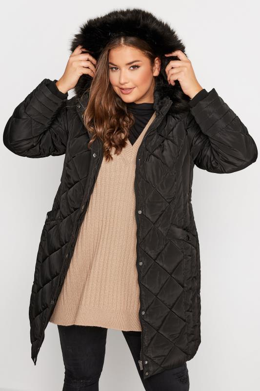 Curve Black Diamond Quilted Midi Puffer Coat | Yours Clothing 4