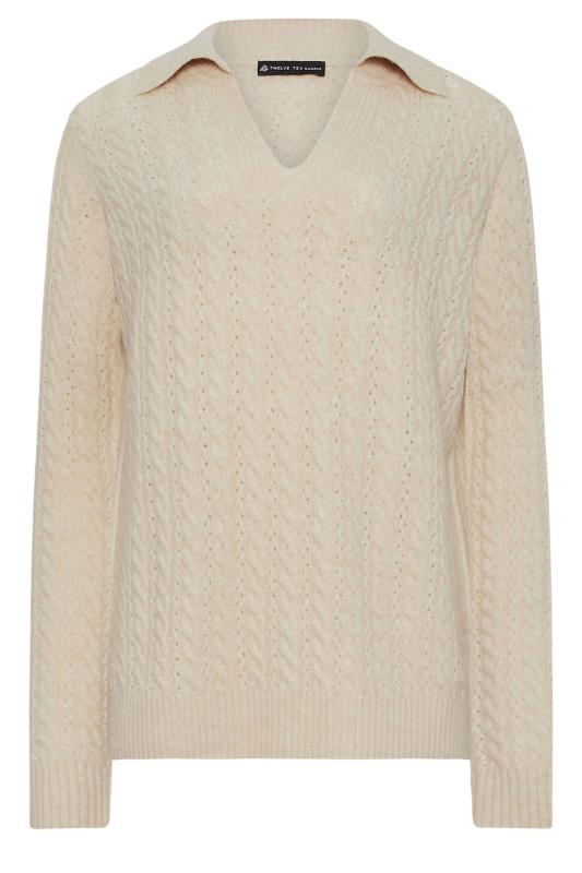 LTS Tall Beige Brown Open Collar Cable Knit Jumper | Long Tall Sally 5