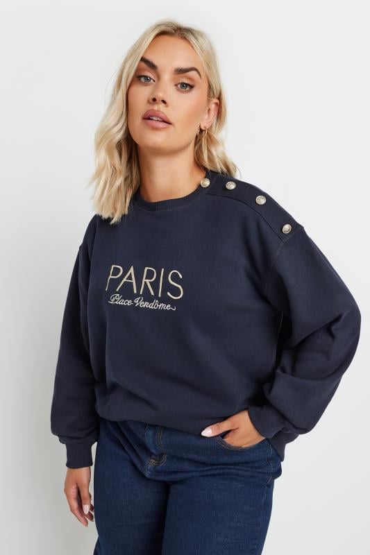 YOURS Plus Size Navy Blue 'Paris' Slogan Sweatshirt | Yours Clothing 4