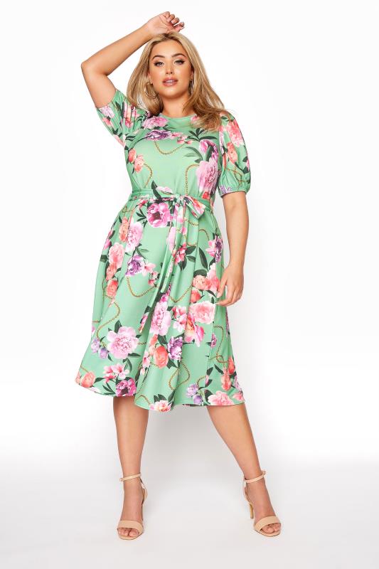 YOURS LONDON Plus Size Green Floral Chain Print Puff Sleeve Skater Dress | Yours Clothing 2