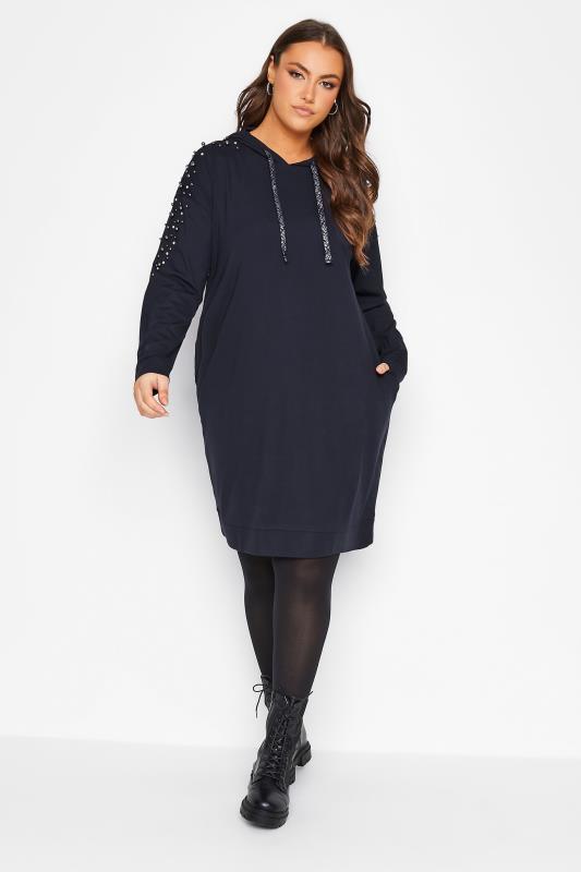 Plus Size  YOURS Curve Navy Blue Embellished Hoodie Dress
