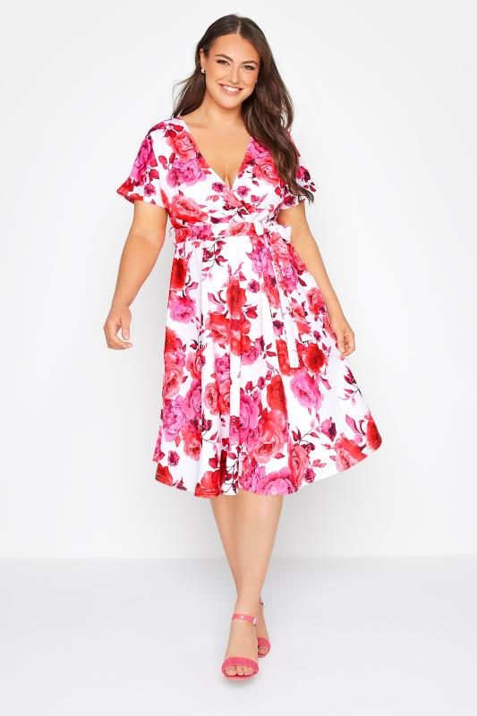 YOURS LONDON Curve White & Pink Floral Wrap Skater Dress 2