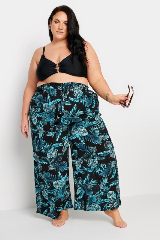 YOURS Plus Size Black Tropical Print Crinkle Tassel Trousers | Yours Clothing 4