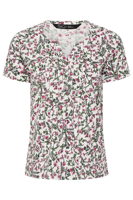 M&Co Petite White & Pink Floral Short Sleeve Cotton Henley Top | M&Co 5
