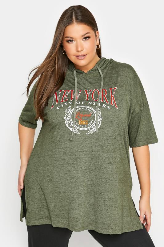 Plus Size  Curve Khaki Green 'New York' Slogan Graphic Print Short Sleeve Hoodie