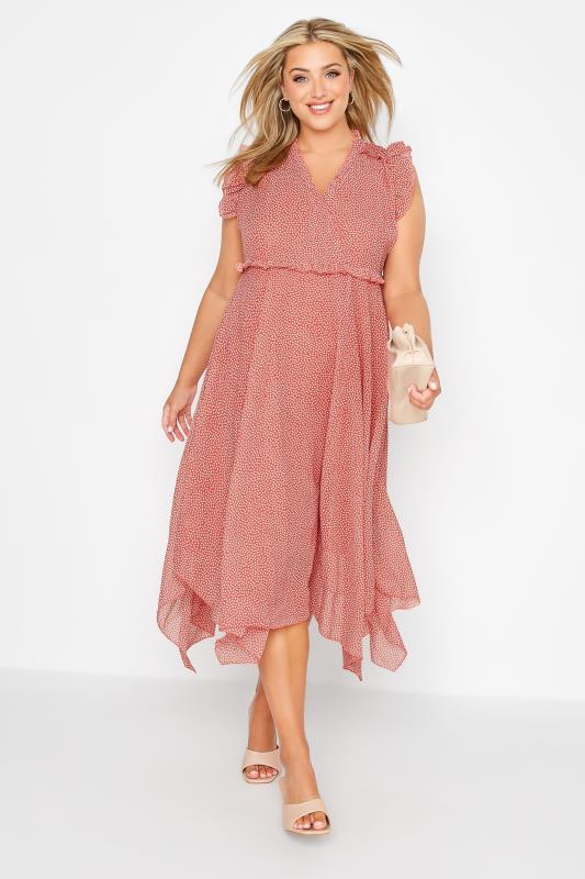 Plus Size Coral Pink Polka Dot Print Hanky Hem Dress | Yours Clothing 1