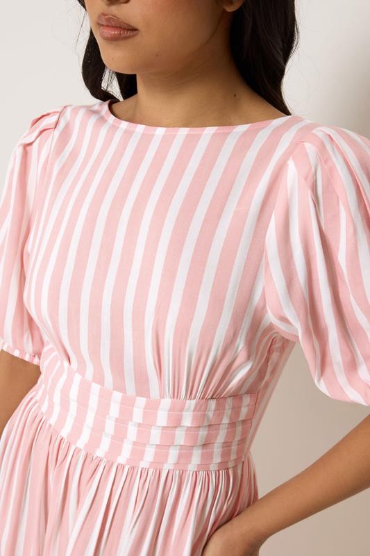 PixieGirl Petite Women's Pink Stripe Puff Sleeve Midi Dress | PixieGirl 4