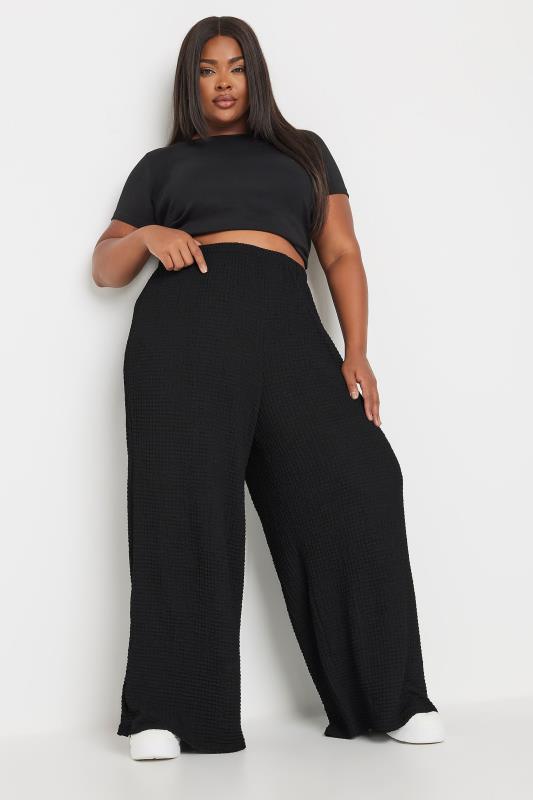 YOURS Plus Size Black Textured Elasticated Wide Leg Trousers | Yours Clothing 2