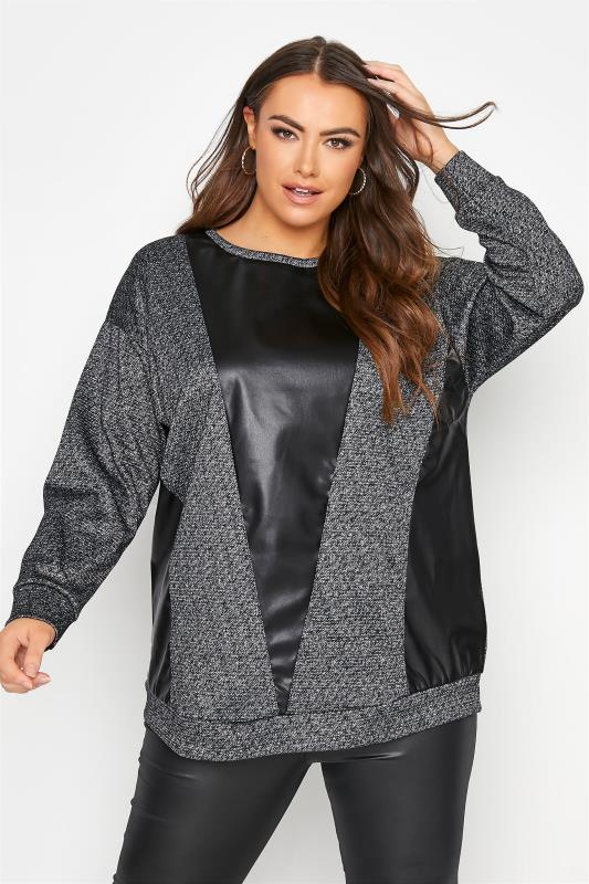  Grey Faux Leather Detail Sweatshirt