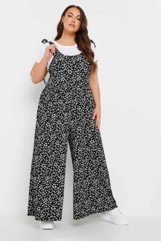 YOURS Plus Size Black Floral Print Textured Wide Leg Jumpsuit | Yours Clothing 1