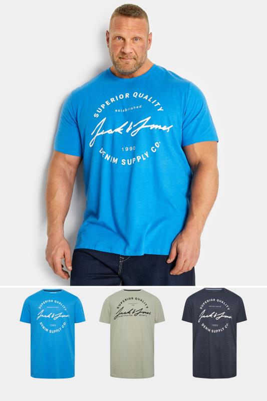  Grande Taille JACK & JONES Big & Tall 3 PACK Black & Blue Logo Printed T-Shirts