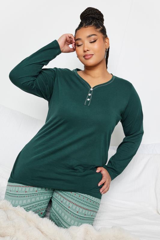 YOURS Plus Size Green Fairisle Print Pyjama Set | Yours Clothing 4