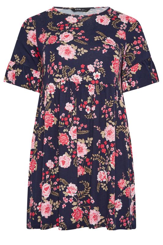 YOURS Curve Plus Size Dark Blue Ditsy Floral Print Smock Tunic Dress | Yours Clothing  6